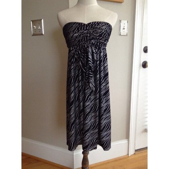 Express Strapless Dress Bandeau Tie Front Black Silver Stretchy Rayon - Size XS - Picture 1 of 11